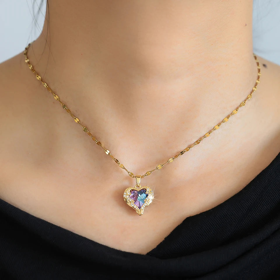 Trendy Heart OF Ocean Stainless Steel Cubic Zirconia Necklaces For Women Men Gold Color Metal Crystal Party Everyday Jewelry