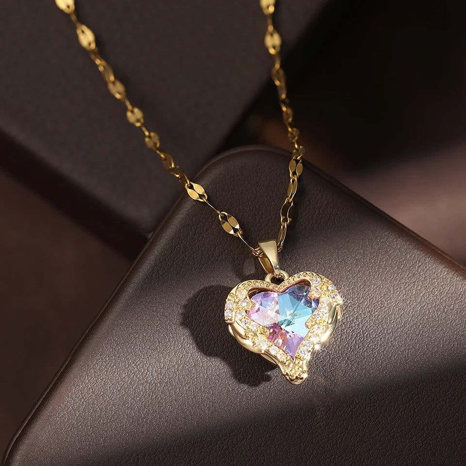 Trendy Heart OF Ocean Stainless Steel Cubic Zirconia Necklaces For Women Men Gold Color Metal Crystal Party Everyday Jewelry
