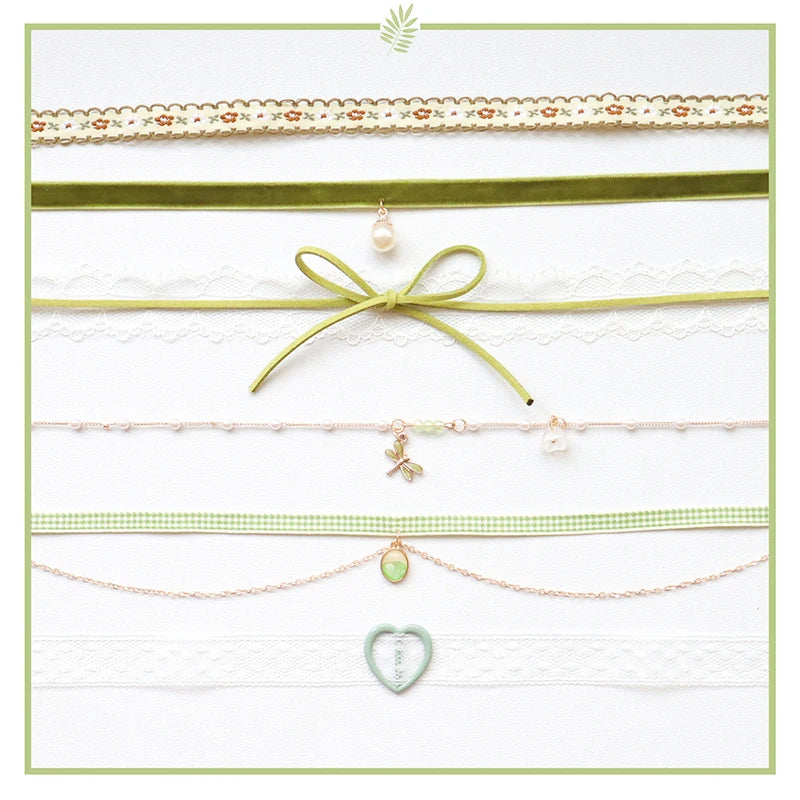 Trendy Choker Necklace For Women Lovely Green Fabric Pearl Heart Pendant Short Clavicle Necklace Aesthetic Jewelry Gift For Her