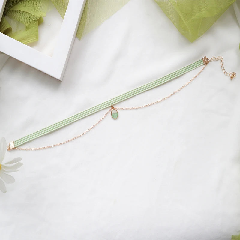 Trendy Choker Necklace For Women Lovely Green Fabric Pearl Heart Pendant Short Clavicle Necklace Aesthetic Jewelry Gift For Her