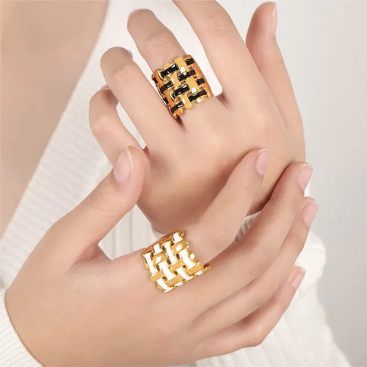 316L Stainless Steel Wide Rings For Women Men Black White Glaze Weave Couple Rings Man Woman Female Ring Luxury Quality Jewelry
