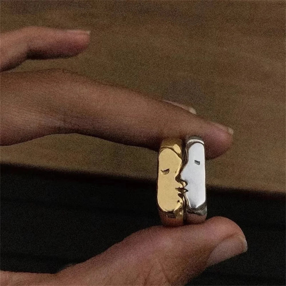 1 Pairs Human Face Expression Man Ring Creativity Metal Stacking Wear Open Adjustable Couple Rings Festivals Gift Accessories