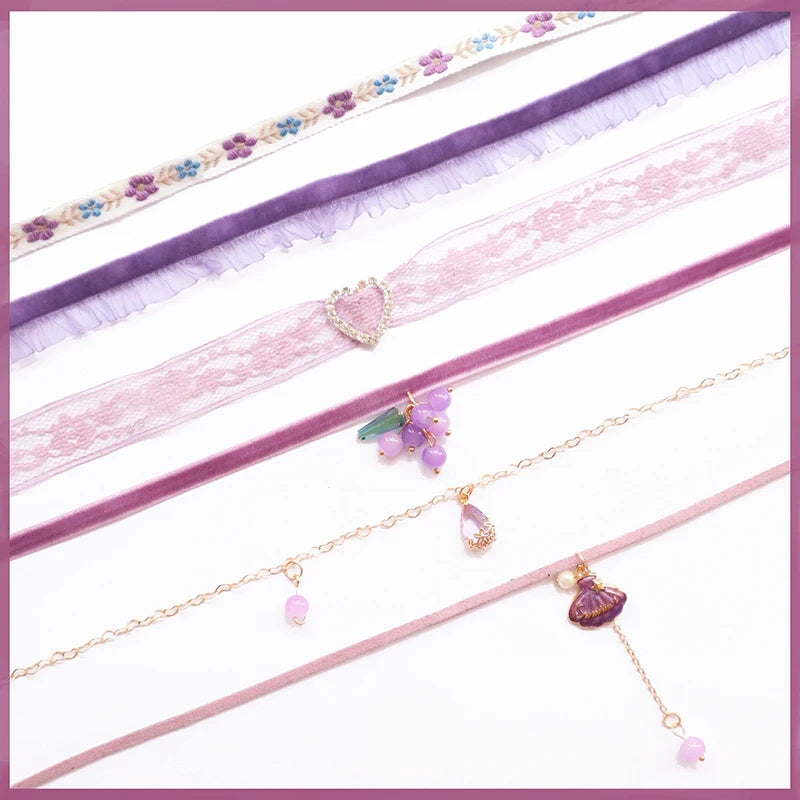 Temperament Fairy Choker Necklace For Women Romantic Purple Fabric Short Clavicle Necklace Pendant Aesthetic Boho Jewelry Gifts