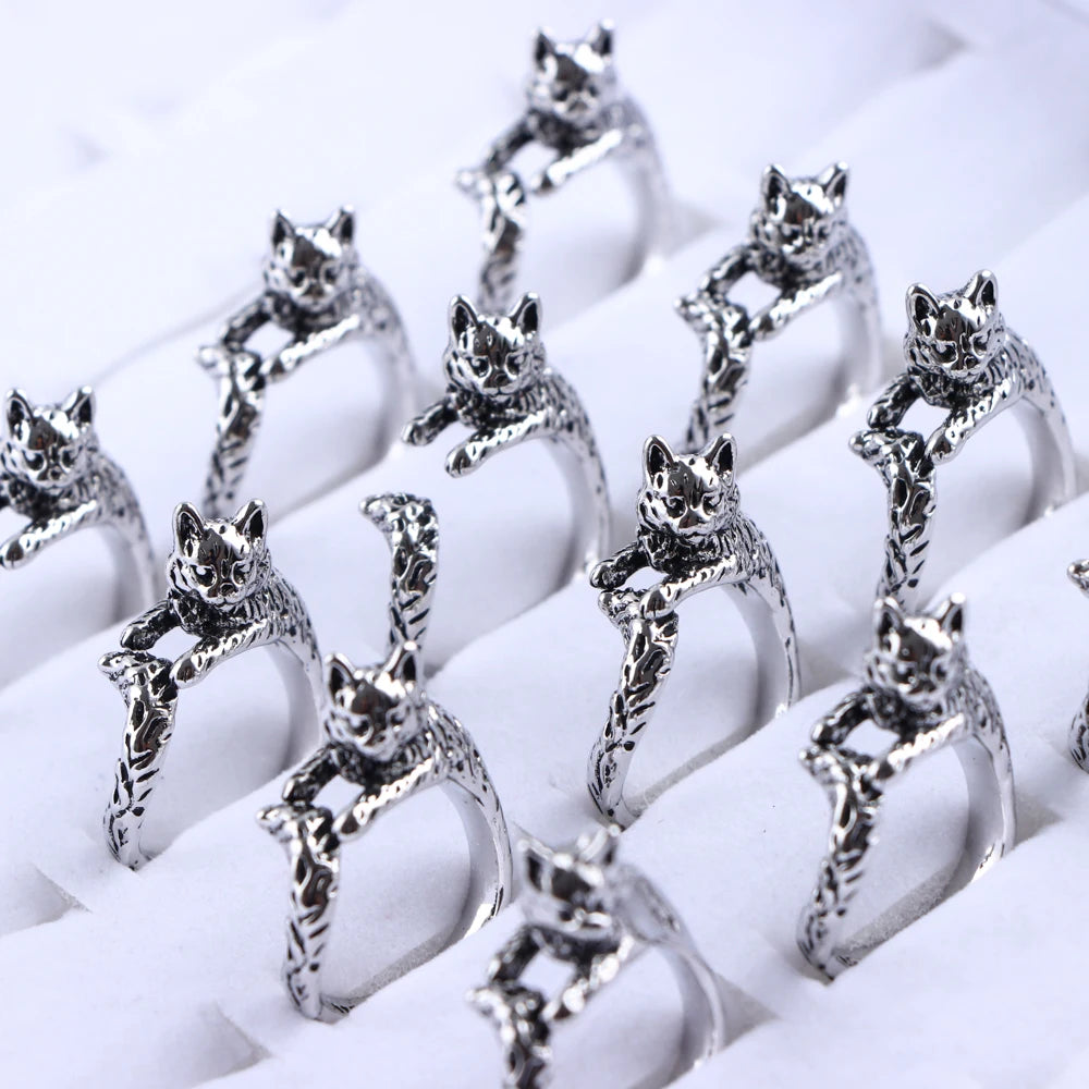 30Pcs/Lot Best Selling Dog Cat Punk Vintage Rings Fashion Couple Animal Adjustable Mystical For Man Women Friends Gift Wholesale