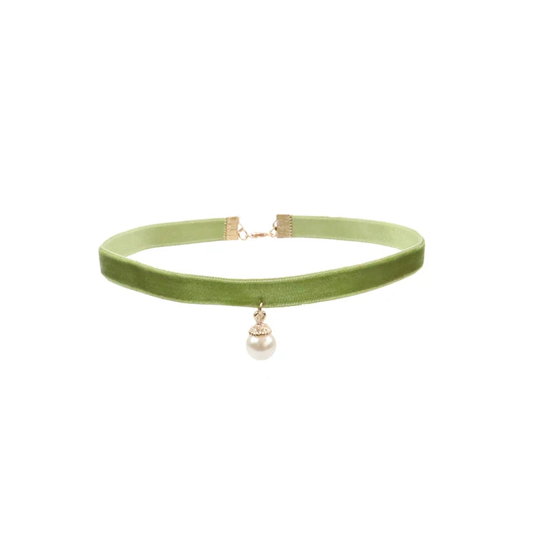 Trendy Choker Necklace For Women Lovely Green Fabric Pearl Heart Pendant Short Clavicle Necklace Aesthetic Jewelry Gift For Her