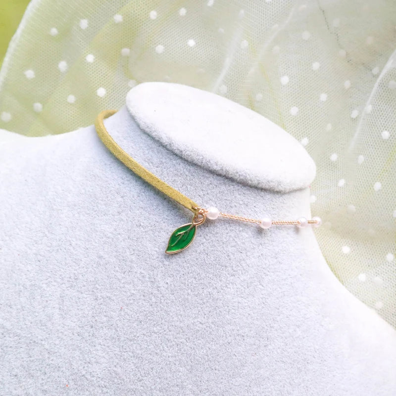 Trendy Choker Necklace For Women Lovely Green Fabric Pearl Heart Pendant Short Clavicle Necklace Aesthetic Jewelry Gift For Her