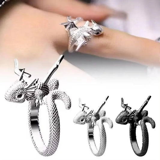 Adjustable Dragon Opening Rings Personality Silver Color Flying Dragon Ring Retro Vintage Dark Animal Finger Rings Women Man