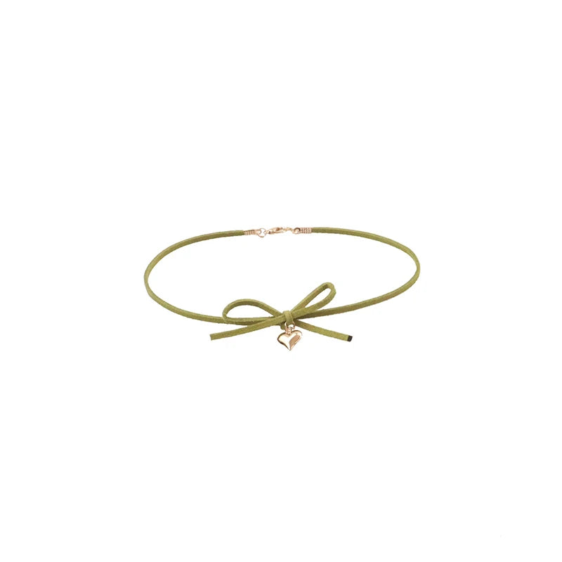 Trendy Choker Necklace For Women Lovely Green Fabric Pearl Heart Pendant Short Clavicle Necklace Aesthetic Jewelry Gift For Her