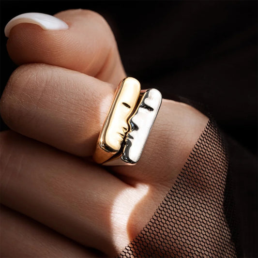 1 Pairs Human Face Expression Man Ring Creativity Metal Stacking Wear Open Adjustable Couple Rings Festivals Gift Accessories