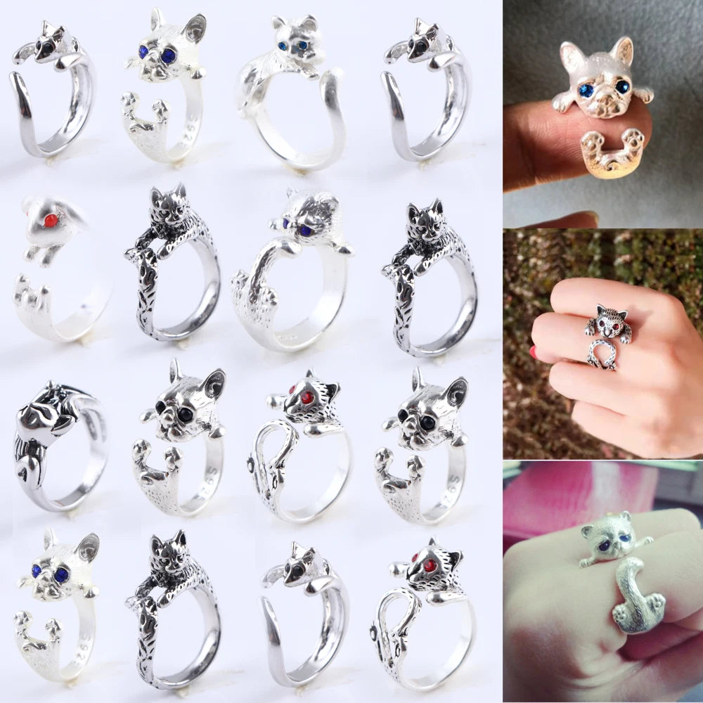 30Pcs/Lot Best Selling Dog Cat Punk Vintage Rings Fashion Couple Animal Adjustable Mystical For Man Women Friends Gift Wholesale