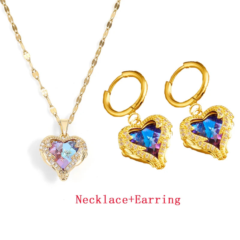 Trendy Heart OF Ocean Stainless Steel Cubic Zirconia Necklaces For Women Men Gold Color Metal Crystal Party Everyday Jewelry
