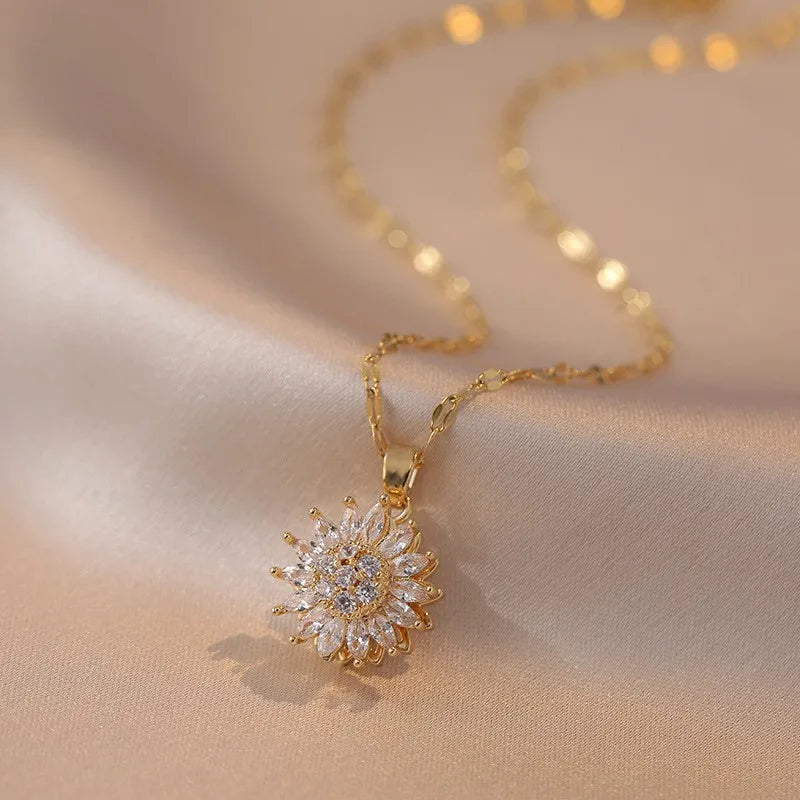 Trendy Rotation Spin Sunflower Stainless Steel Zircon Necklaces For Women Metal Crystal Necklace Party Birthday Gifts Jewelry