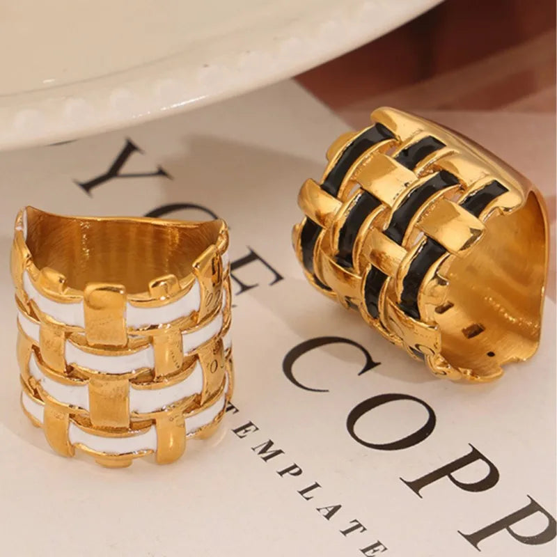 316L Stainless Steel Wide Rings For Women Men Black White Glaze Weave Couple Rings Man Woman Female Ring Luxury Quality Jewelry